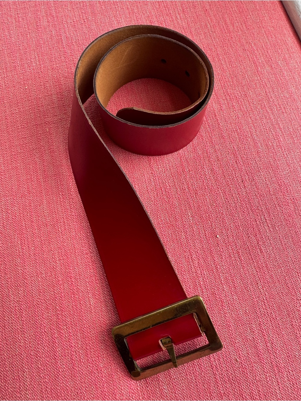 Women's Red Leather Belt with Antique Brass Square Buckle